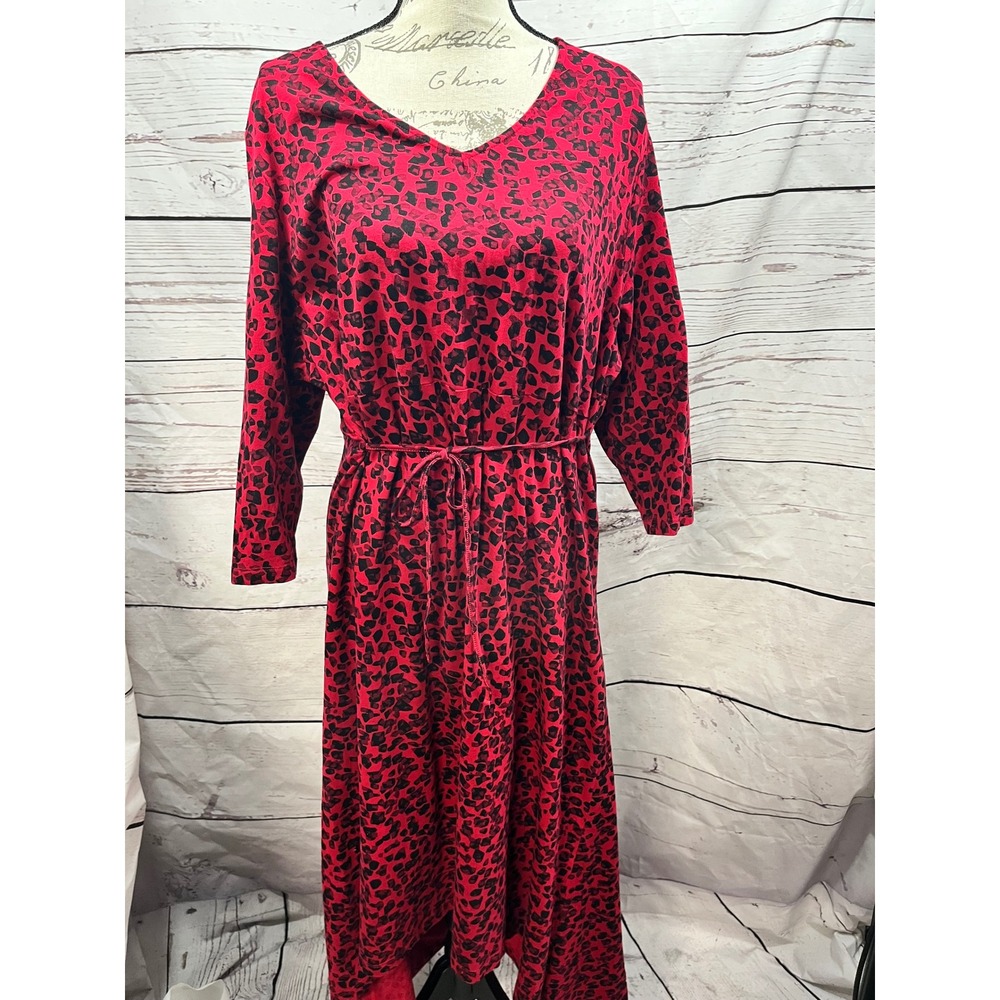 d&co Women Red Black Leopard Print Maxi Dress Long Sleeve V Neck Tie Waist XL